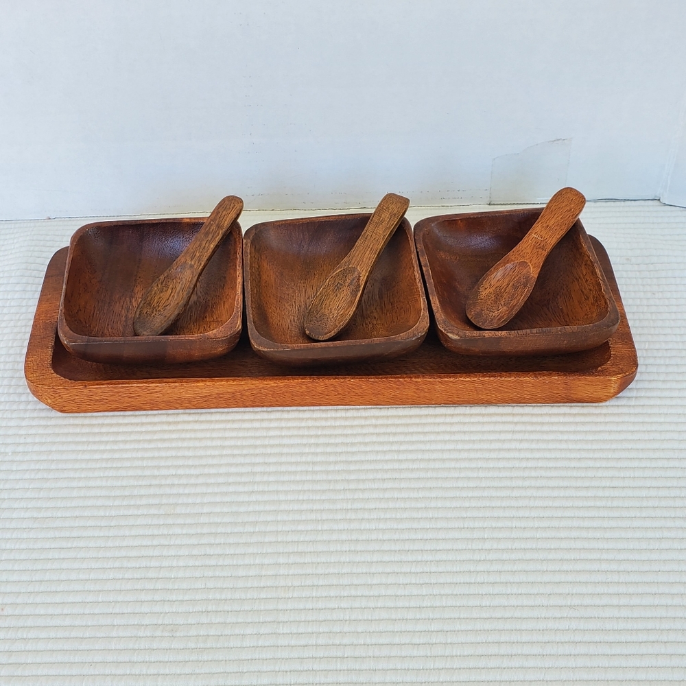 Serving Tray 3 Bowl Spoons Wood Boho Brown Philippines Rectangle 13" Condiments